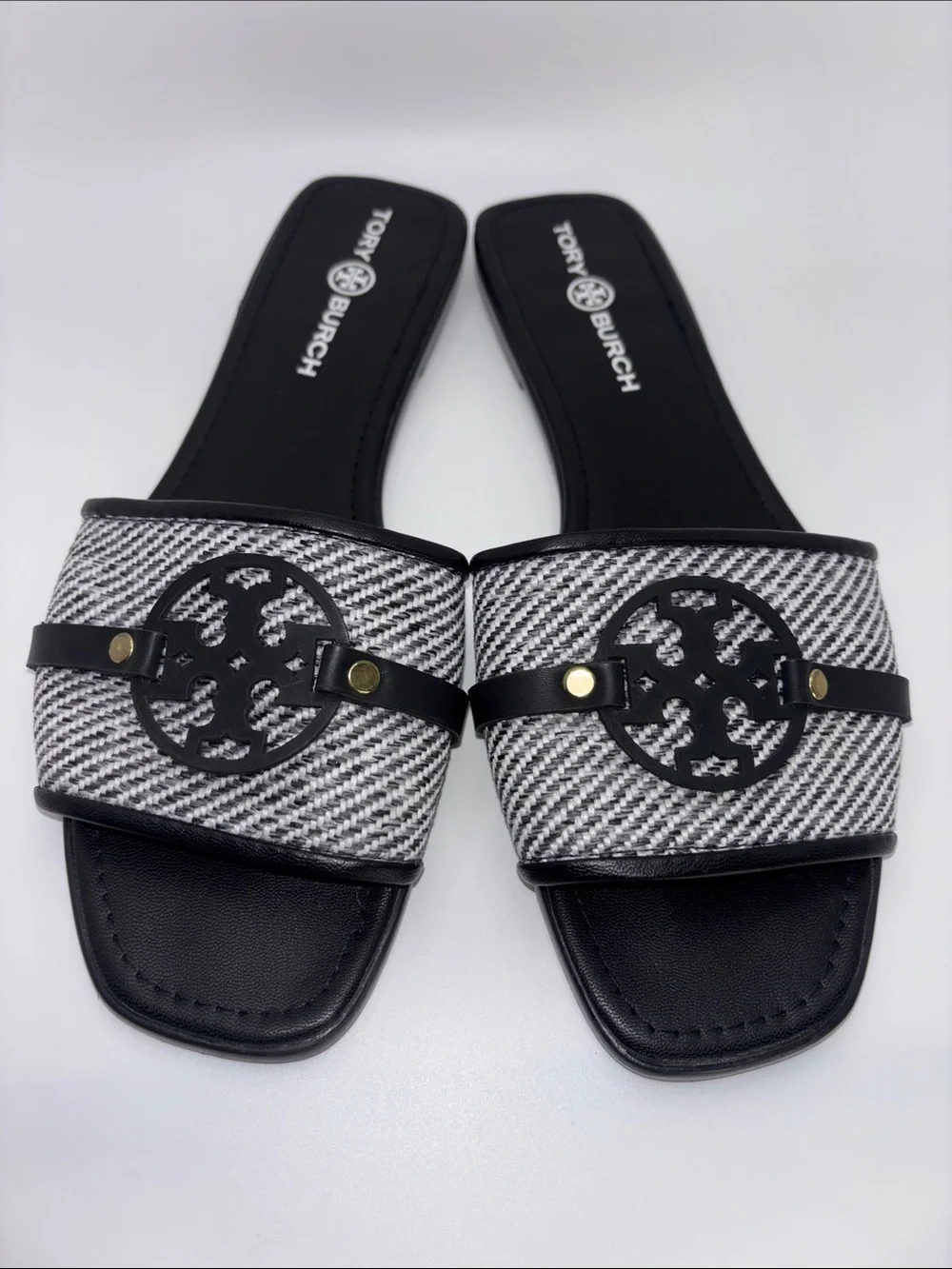 Tory Burch Black & White Logo Tweed Slide Sandals